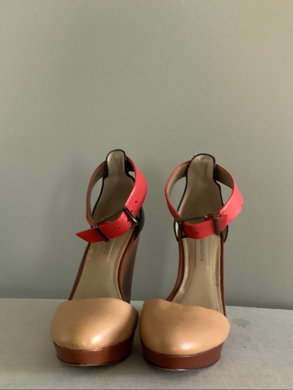 BCBGMaxAzria Coral and Tan Platform Ankle-Strap Heels
